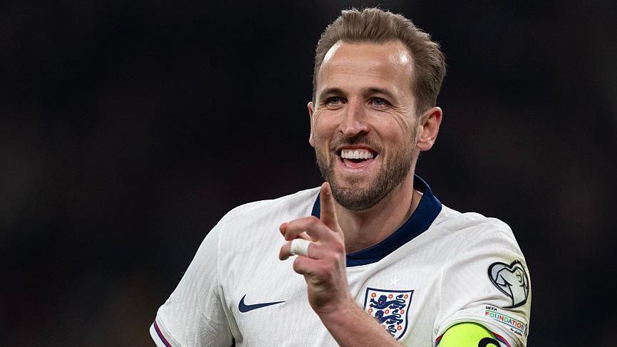 Harry Kane celebrates after scoring for England against Latvia at Wembley in March 2025